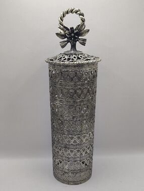 Vintage Ornate Filigree Vanity Hairspray Cover in Antique Silver Finish